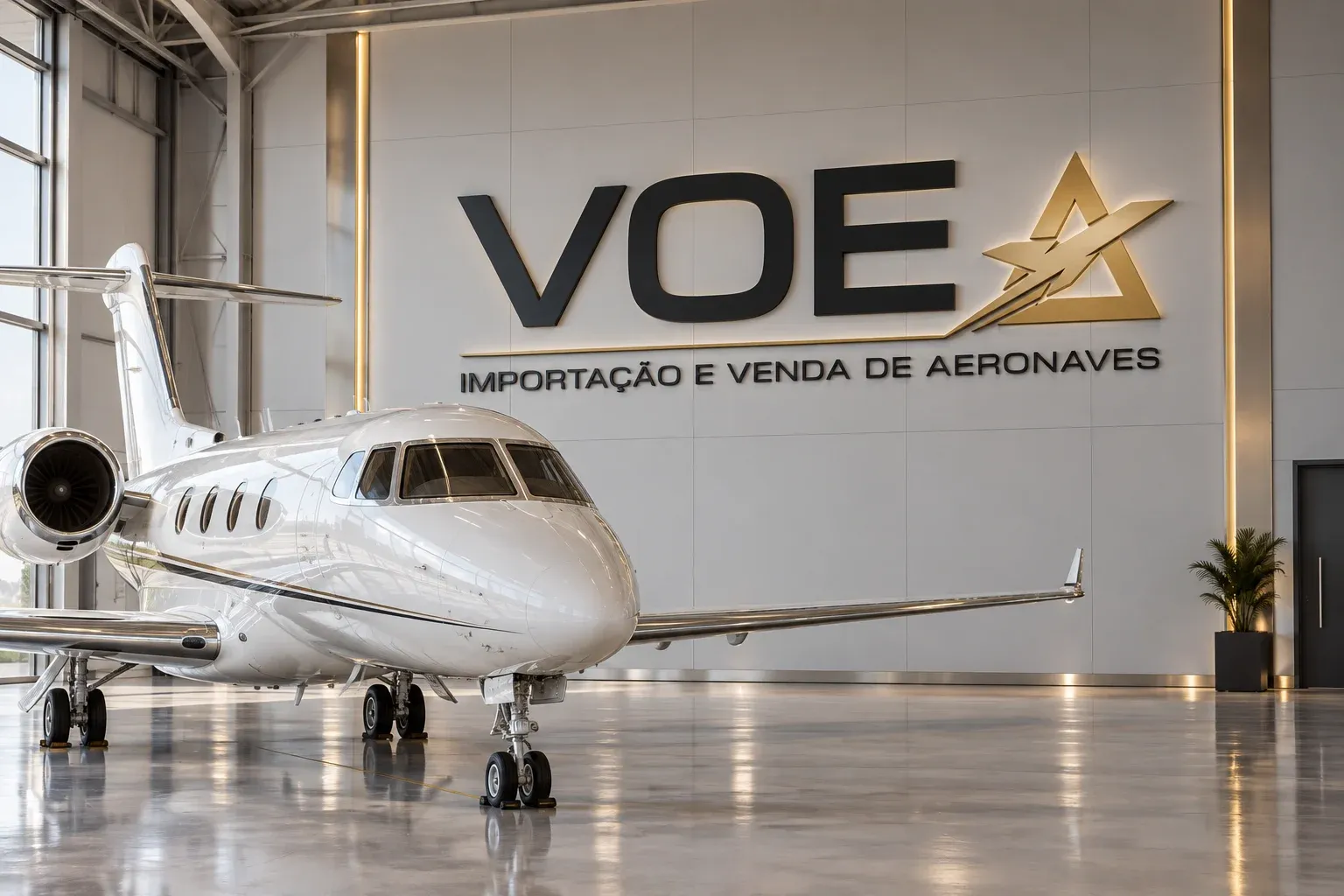 Hangar con el logo de Voe en la pared y un jet ejecutivo
