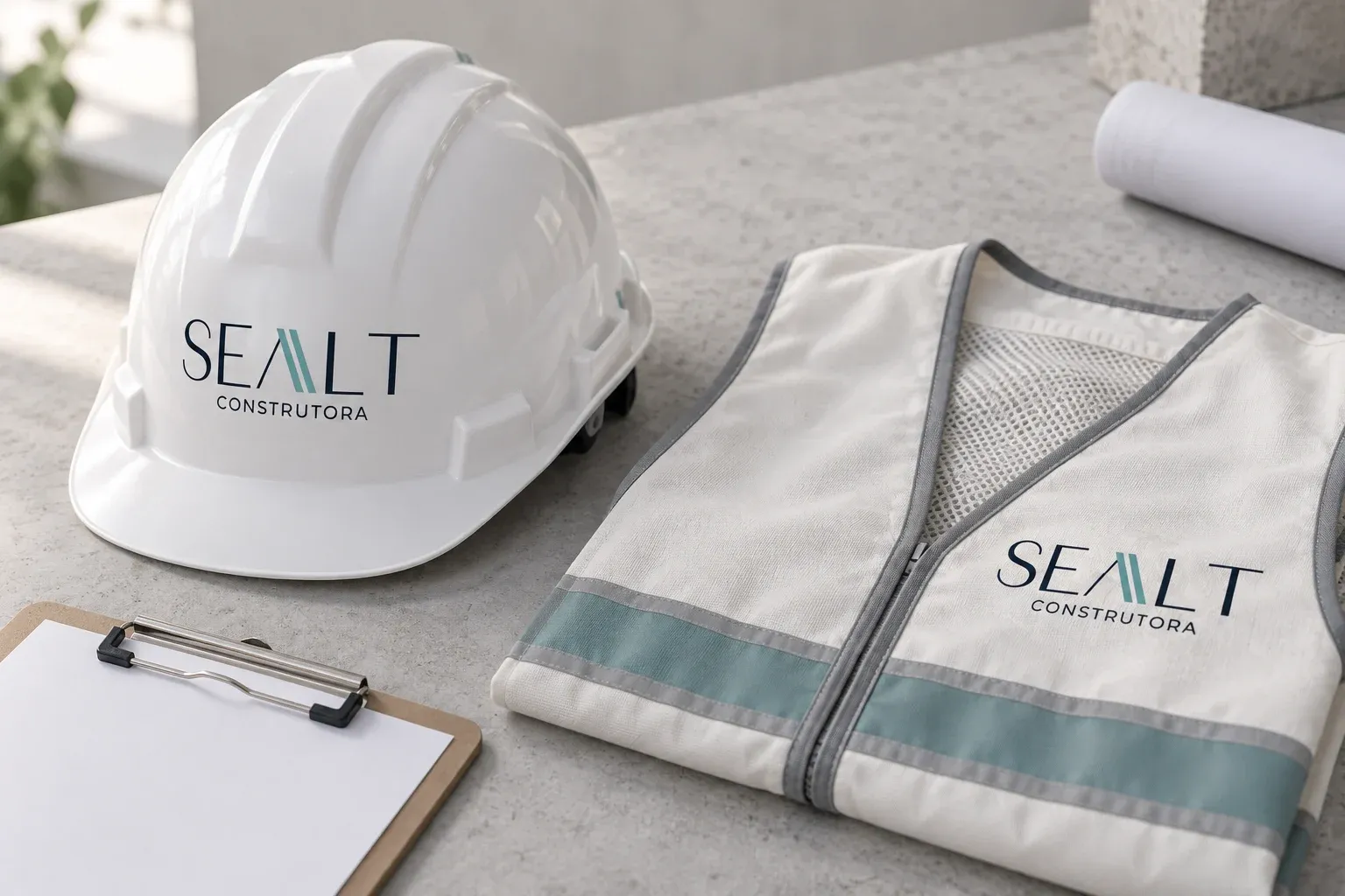 Hard hat and work vest with the Sealt logo