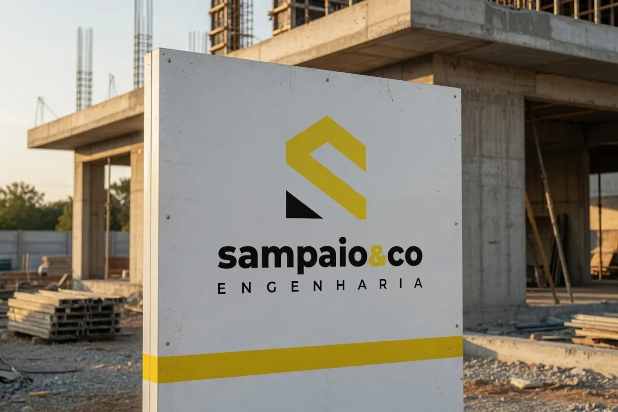 Placa de obra da Sampaio & CO Engenharia no canteiro