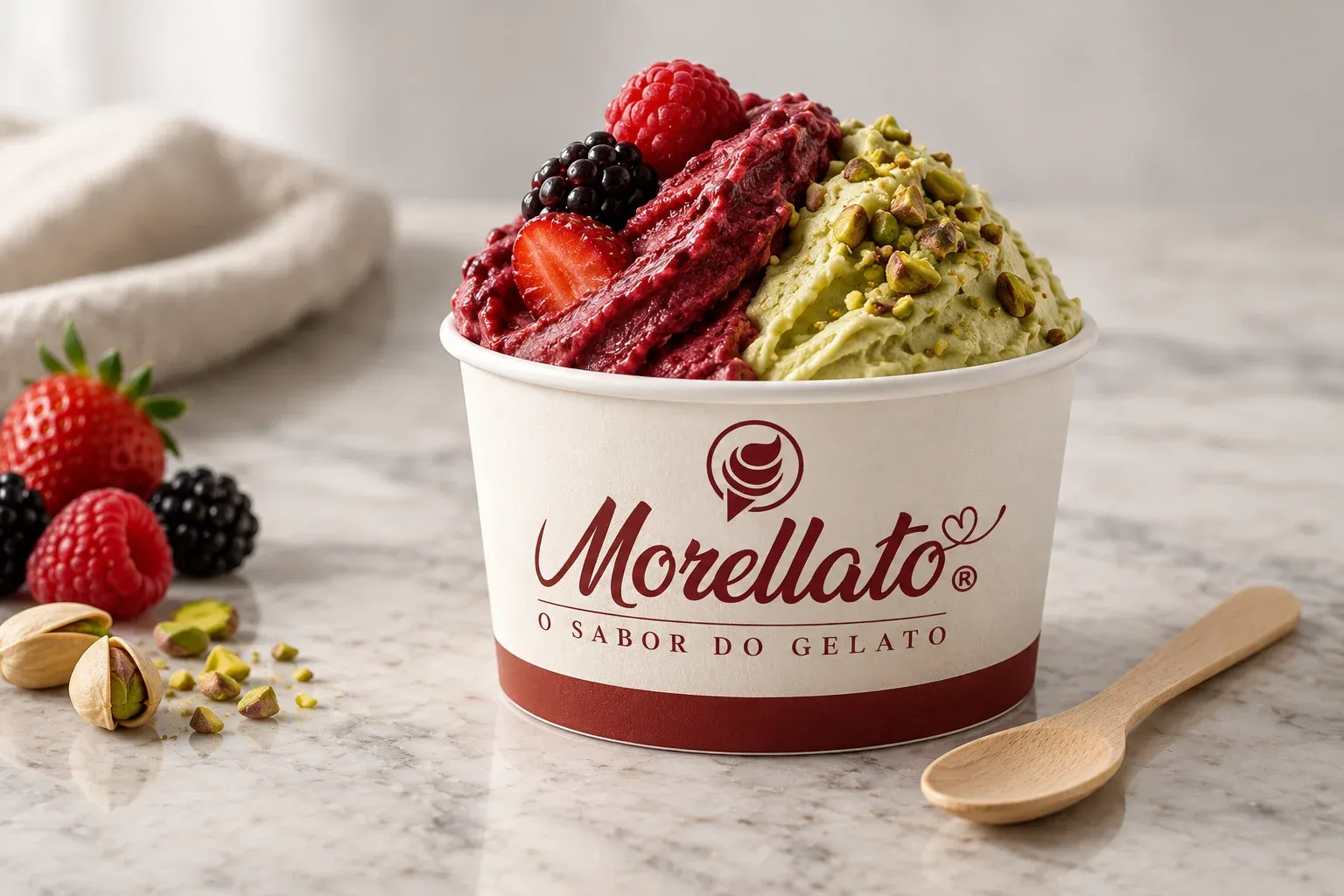 Gelato cup with the Morellato logo