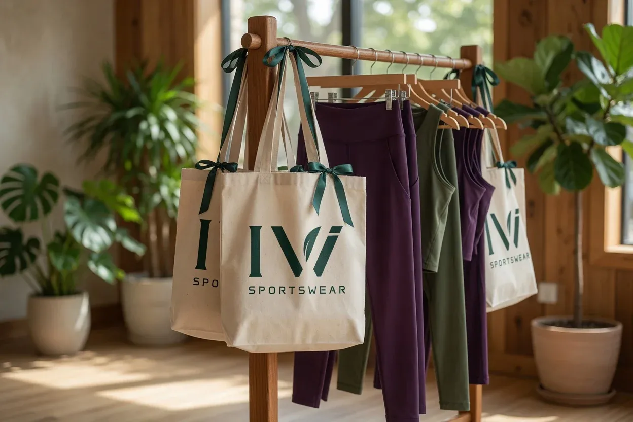 Ecobags da IVI Sportswear com laço verde junto às roupas