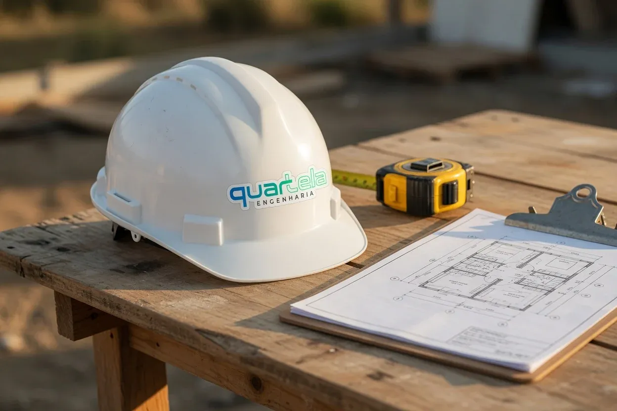 Hard hat with the Quartela Engenharia logo on a site desk