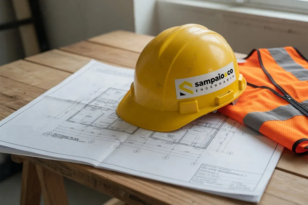 Capacete com a logo da Sampaio & CO Engenharia sobre a mesa do canteiro