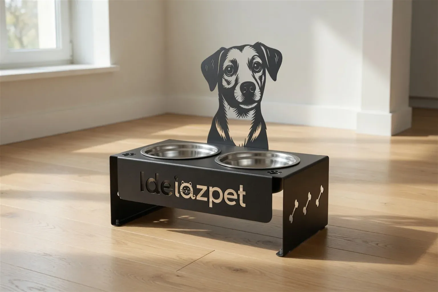 IdeiazPet black feeder with the logo cut into the steel