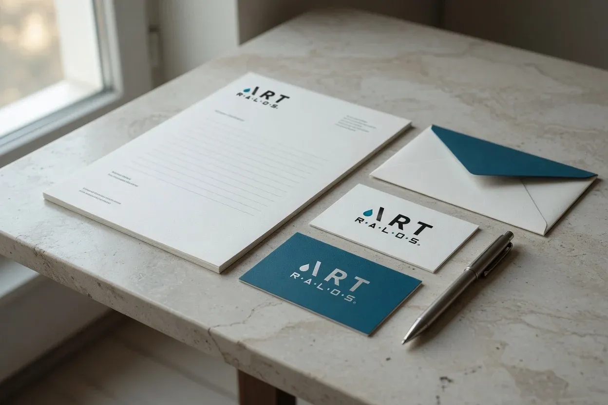 Papelería de Art Ralos: tarjeta de presentación, hoja membretada y sobre