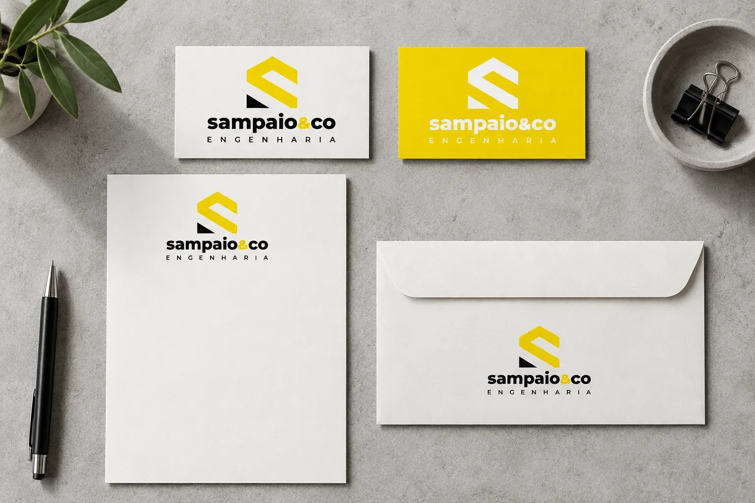 Papelaria da Sampaio & CO Engenharia: cartão de visitas, papel timbrado e envelope