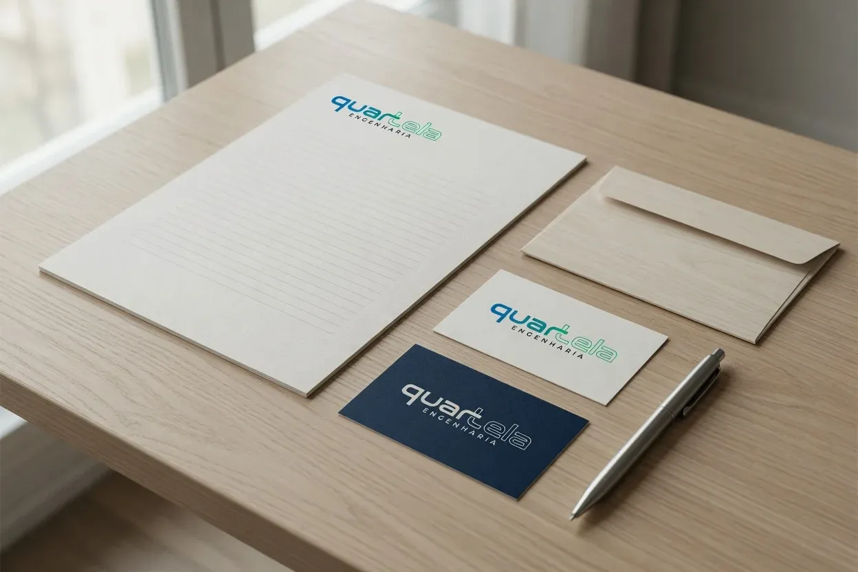 Quartela Engenharia stationery: business card, letterhead and envelope