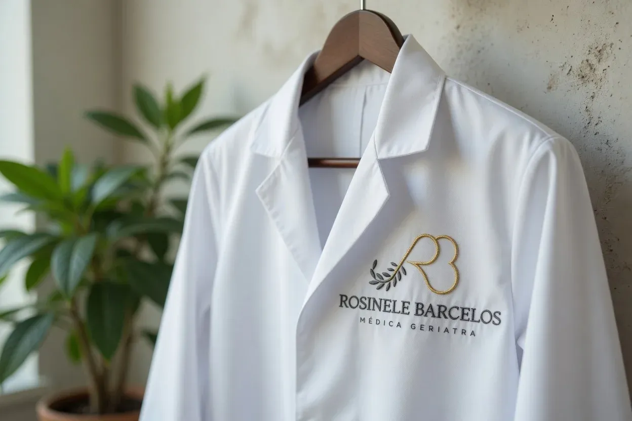 Jaleco com a logo bordada da Dra. Rosinele Barcelos