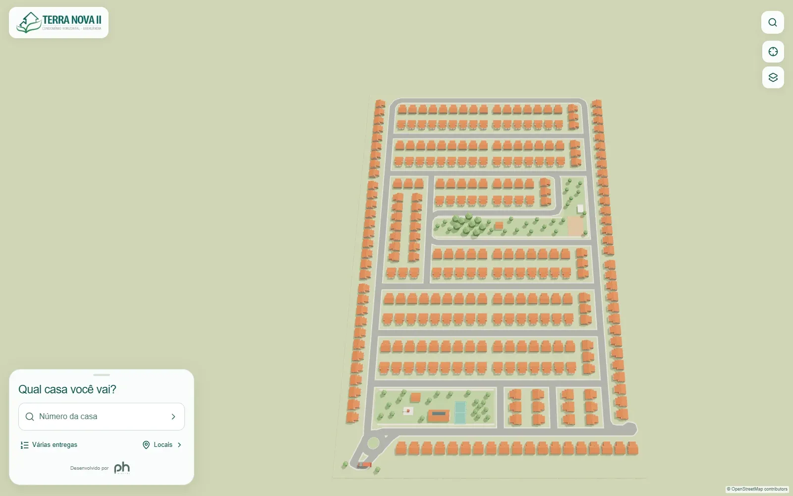 Mapa 3D del condominio Terra Nova II con las casas y las calles