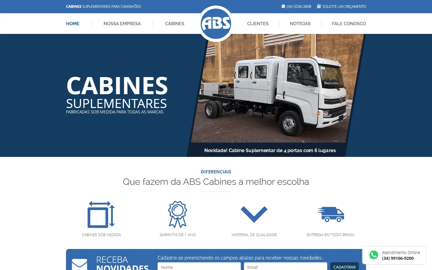 Página inicial do site ABS Cabines