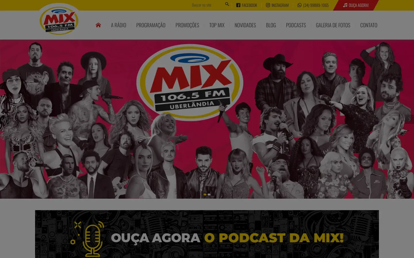 Página inicial do site Mix FM Uberlândia