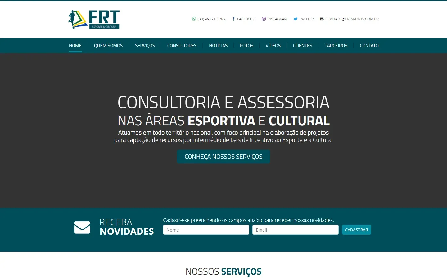 Página inicial do site FRT Esporte & Cultura