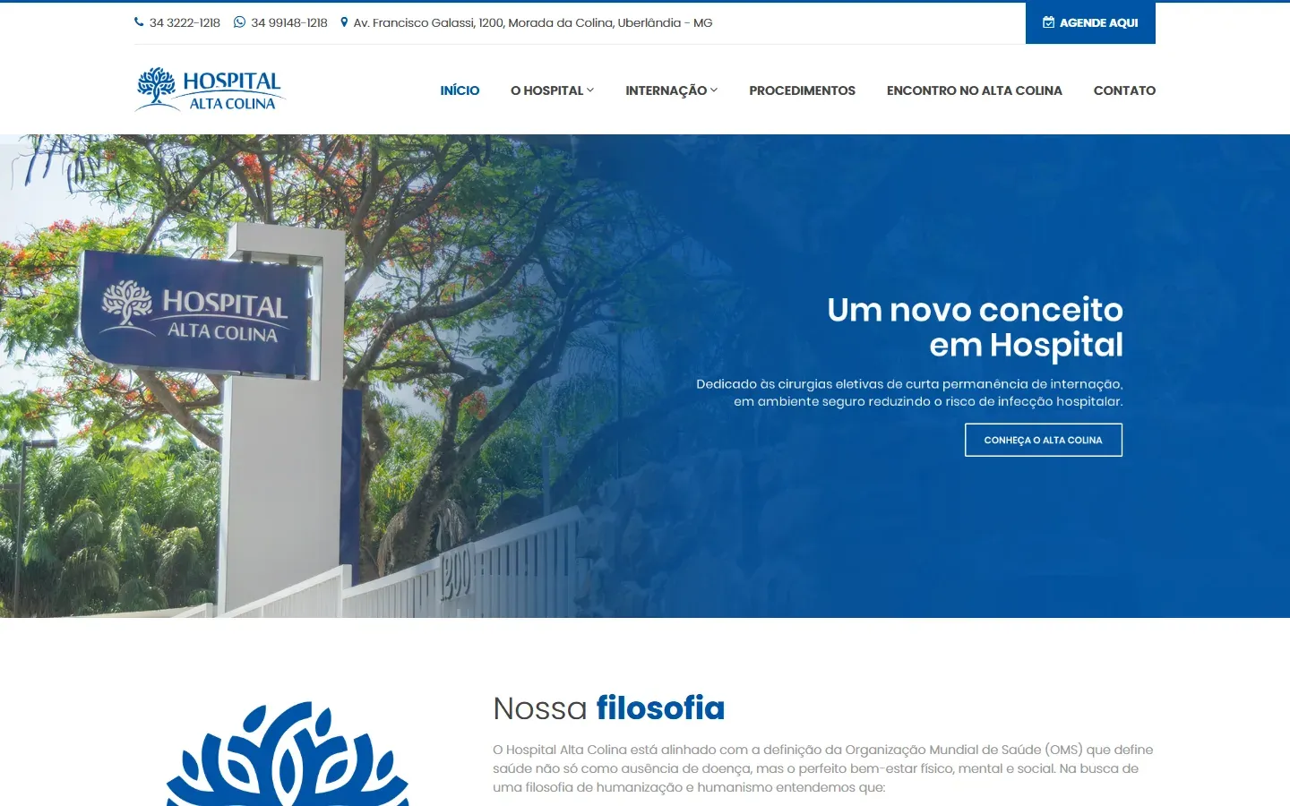 Página inicial do site Hospital Alta Colina