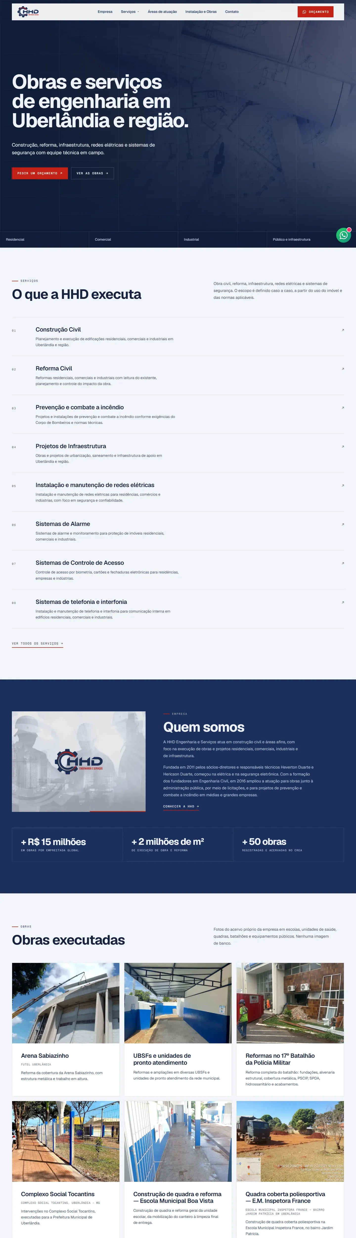Real capture of the HHD Engenharia website on desktop