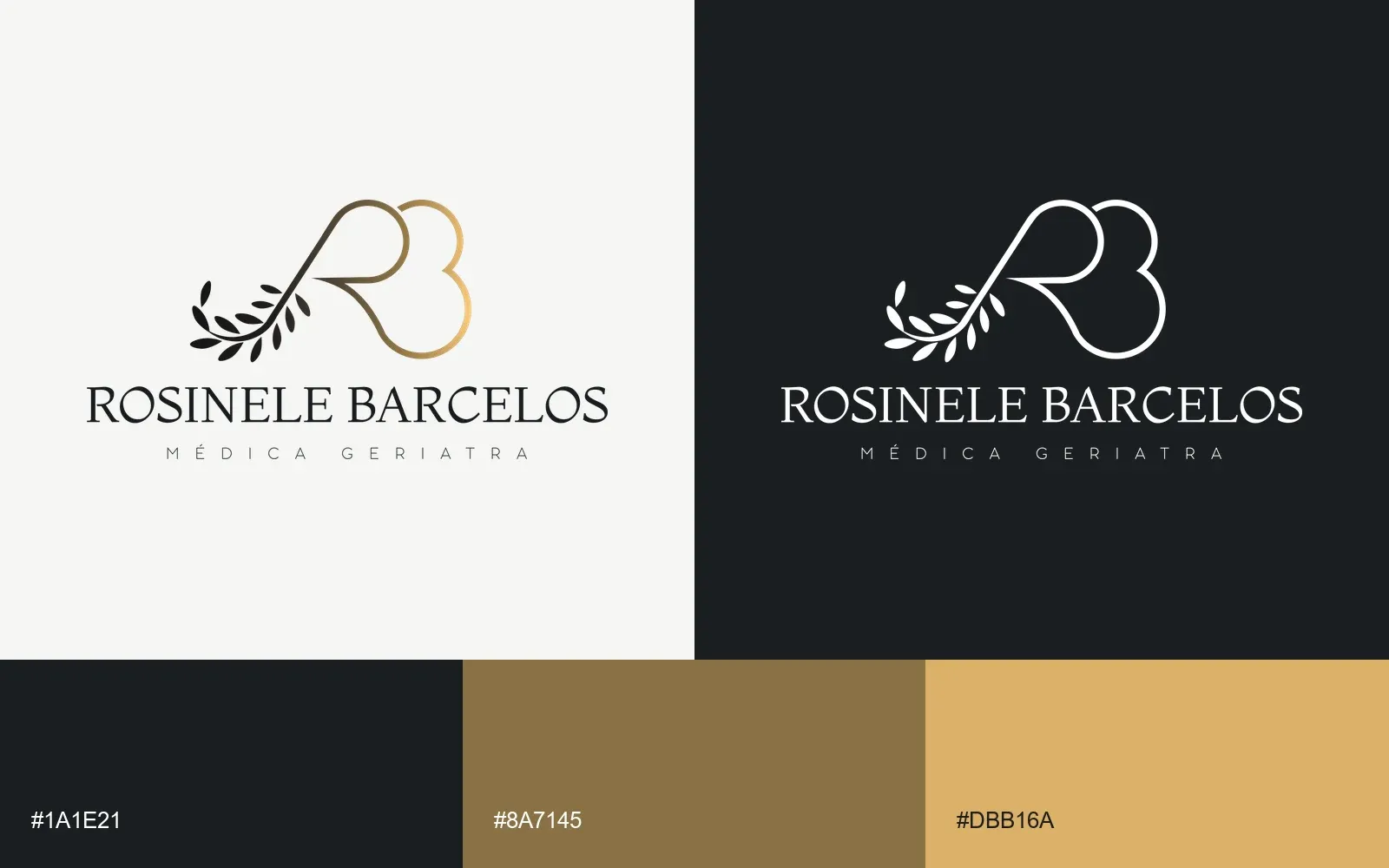 Logo da Rosinele Barcelos em fundo claro e em fundo escuro, com as cores da marca