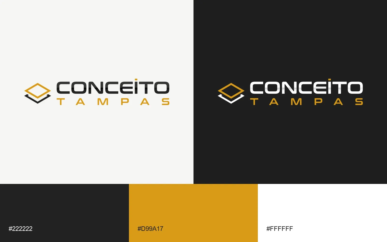 Logo da Conceito Tampas em fundo claro e em fundo escuro, com as cores da marca