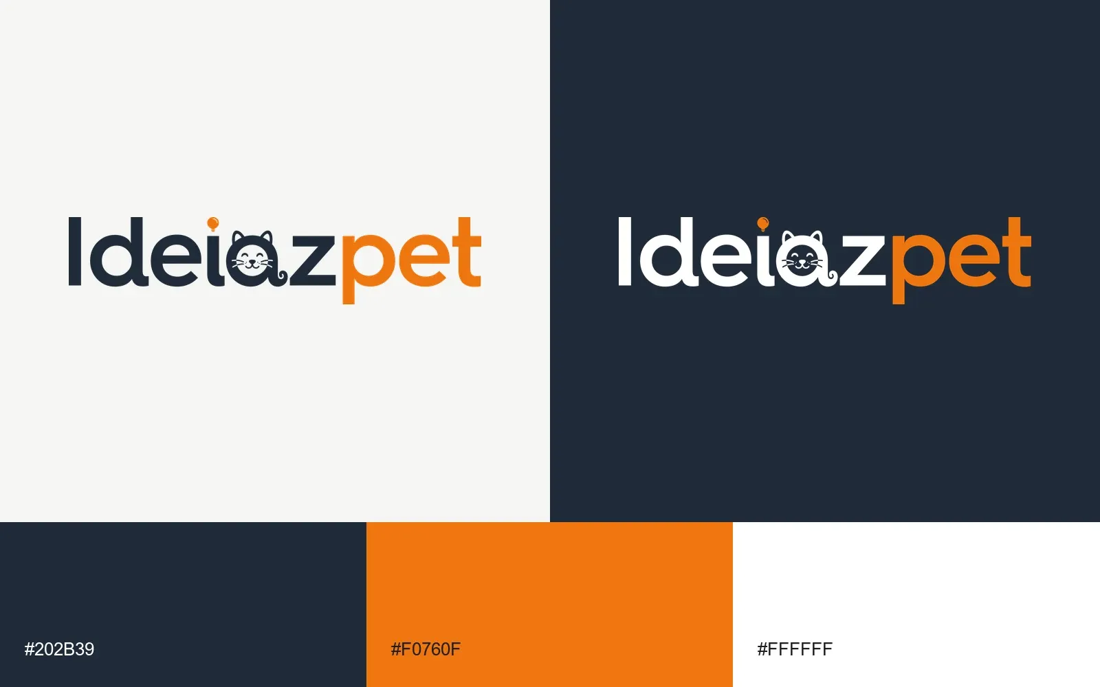 IdeiazPet logo on light and dark backgrounds, with the brand colors