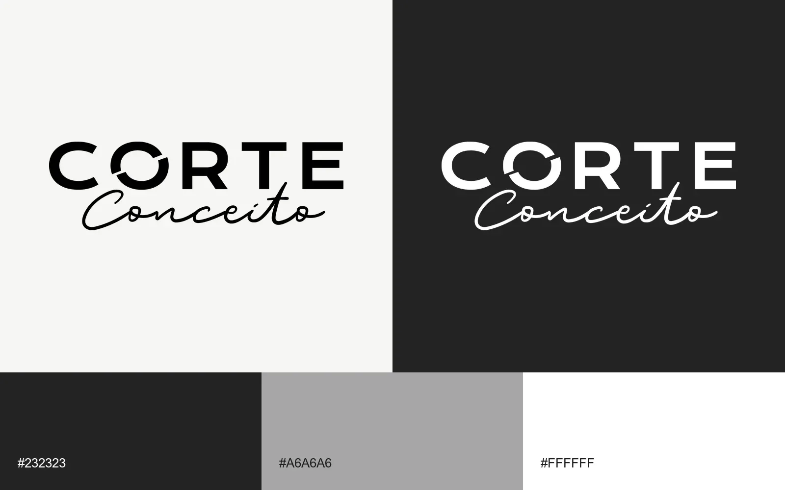 Logo de Corte Conceito en fondo claro y oscuro, con los colores de la marca