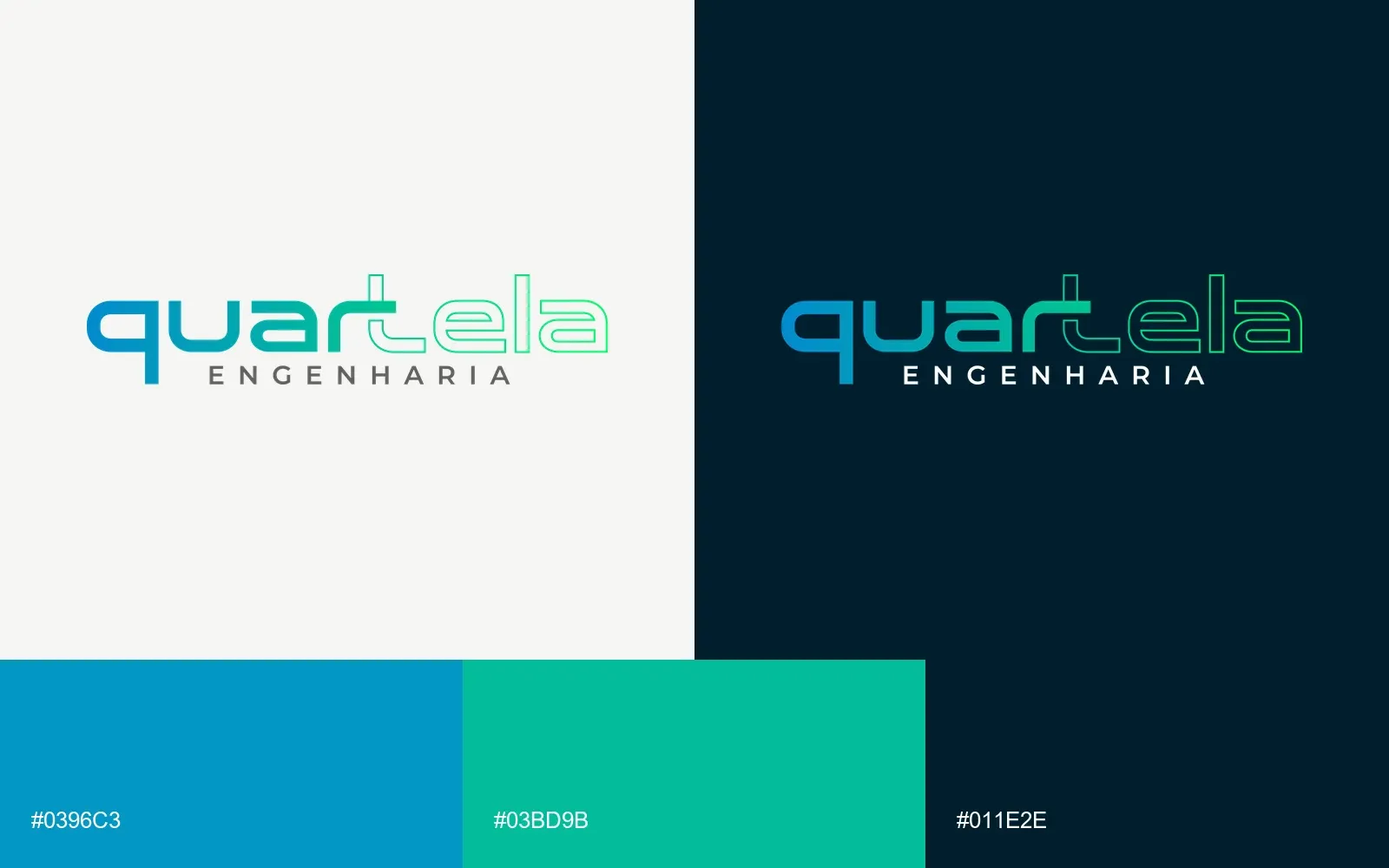 Quartela Engenharia logo on light and dark backgrounds, with the brand colors